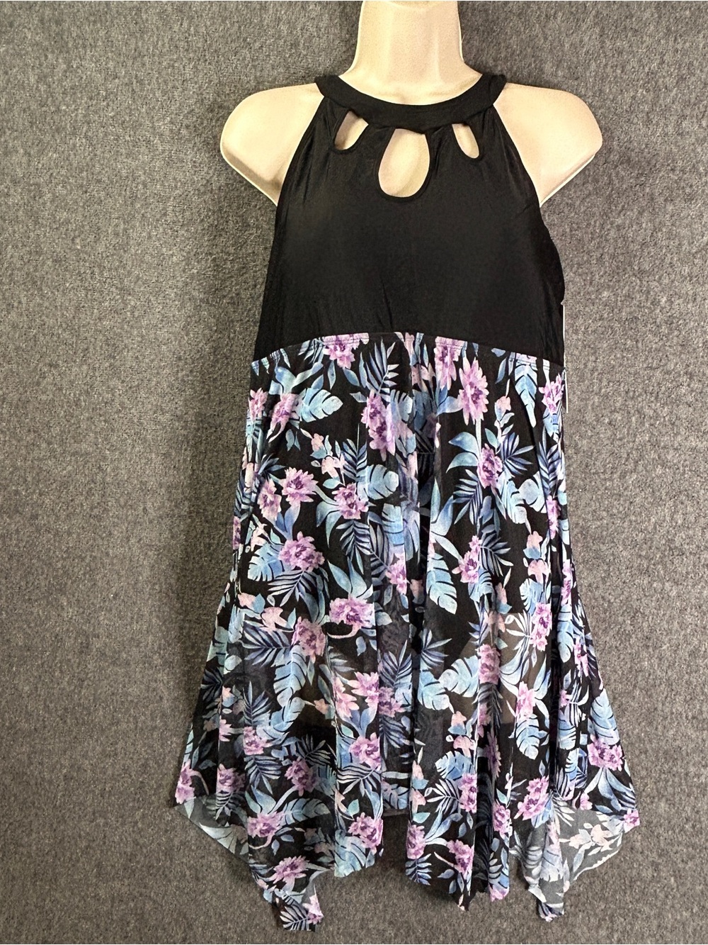 BloomChic Swimdress Womens 22-24 Black Floral Handkerchief Hem Plus Swimsuit